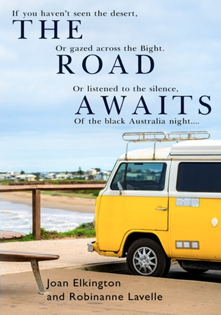 The Road Awaits cover. A yellow Kombi van parked at a coastal road with serif title text overlaid.